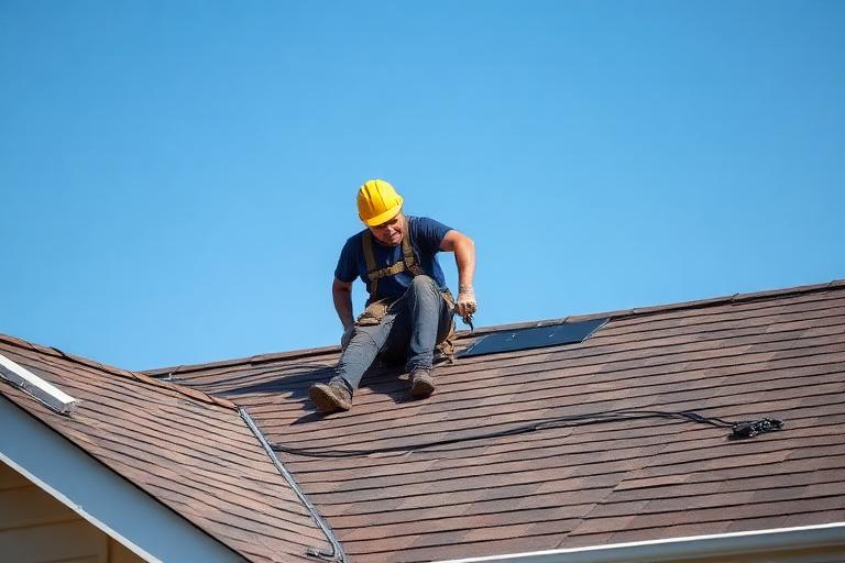 Roofer installing asphalt shingles on a residential home