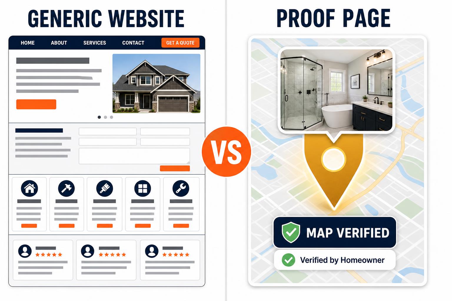 Comparison: cluttered website versus one clean proof page